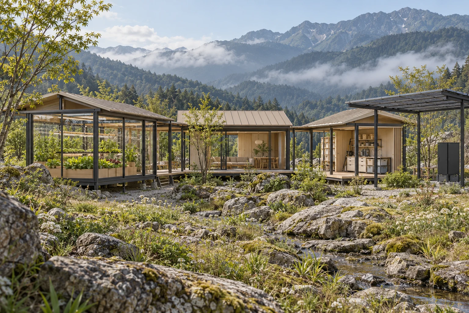 Anyground courtyard concept: connected living, growing and service pavilions in a mountain meadow