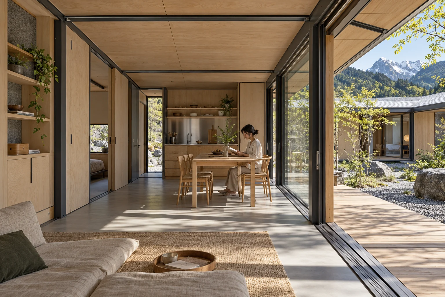 Warm timber interior with kitchen, dining table and sliding panels opening to a courtyard