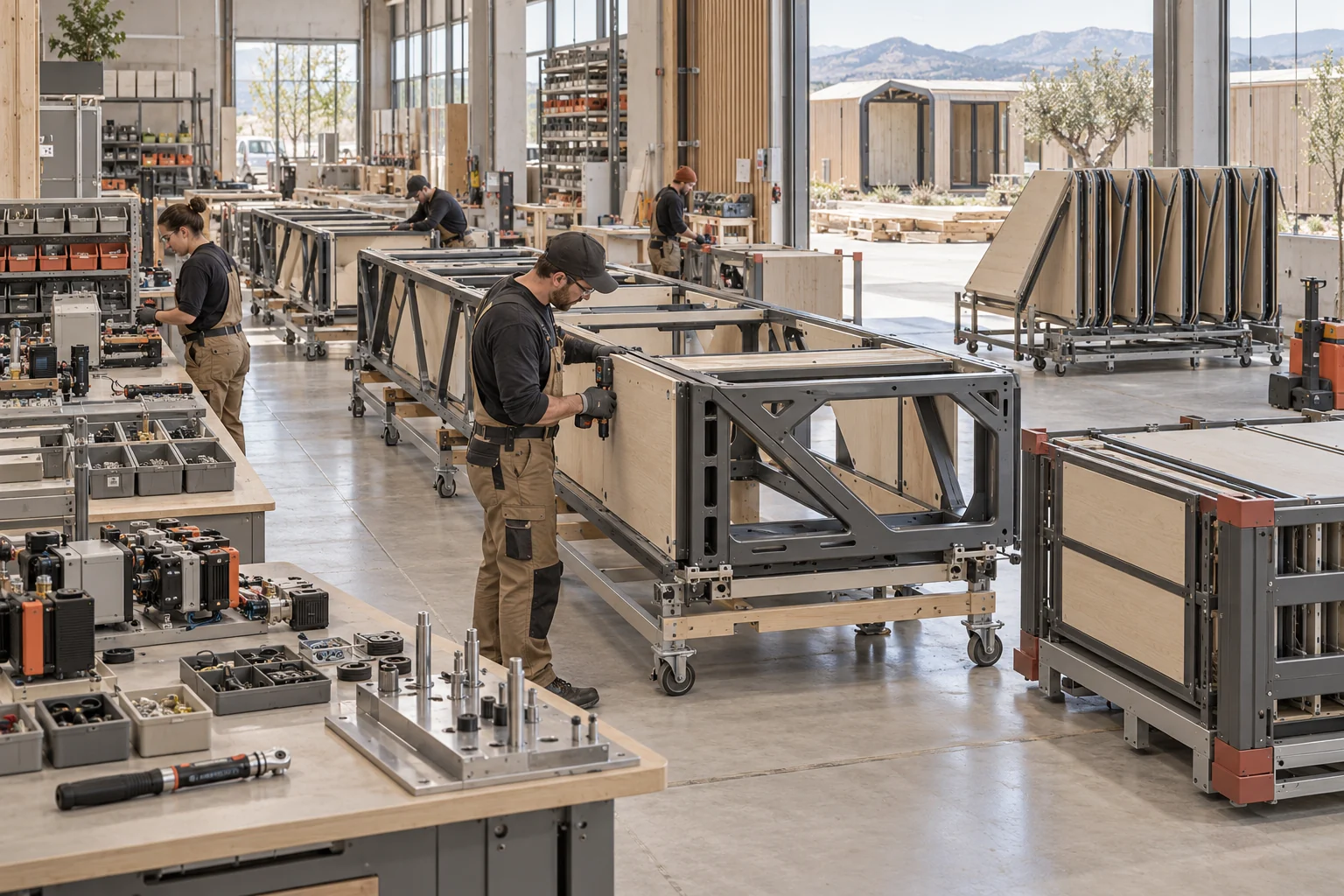 Concept factory with repeated frames, assembly jigs, modular cartridges and reusable panel stillages