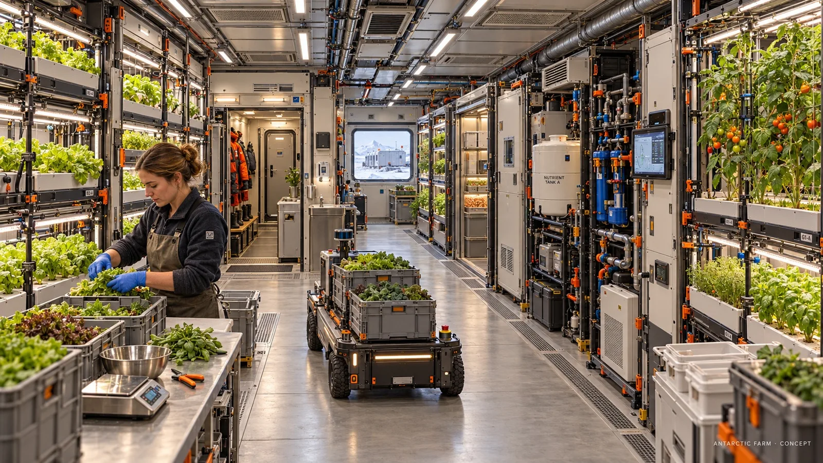 Source-atlas concept of a service aisle beside growing racks