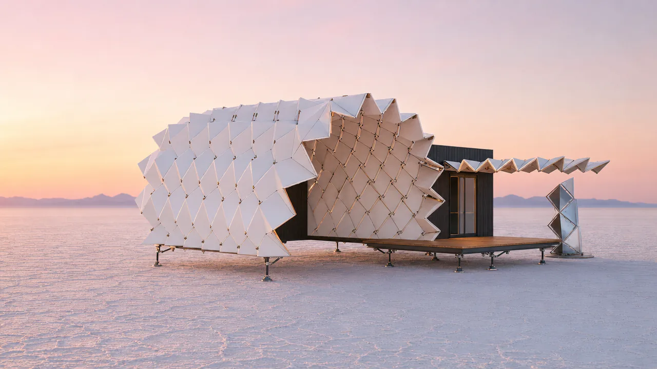 Faceted barrel-vault pavilion on four legs on the Atacama salt flat at dawn