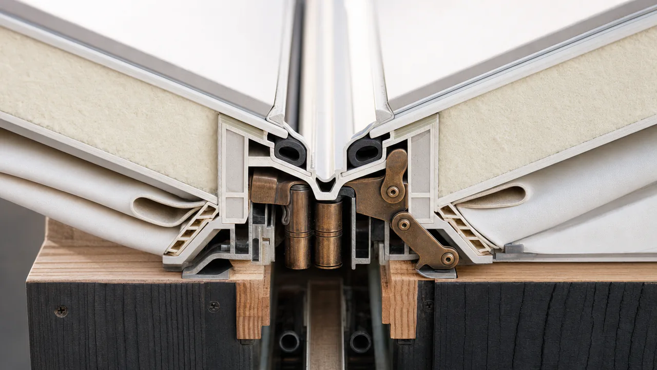 Macro section of a KASANE hinge: sandwich facets, closeouts, bulb gaskets, bronze cam latch and bellows