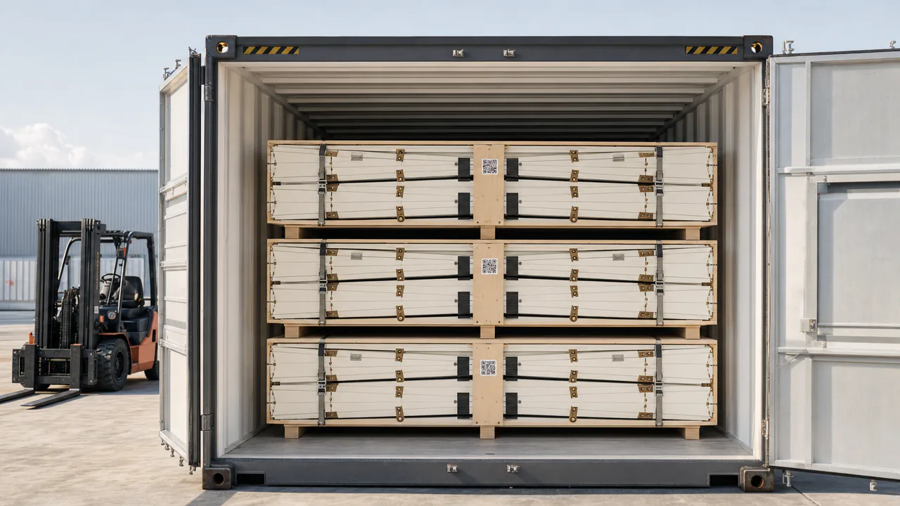 Six folded half-vault packs stacked two high in three positions inside an open 40 ft high-cube container