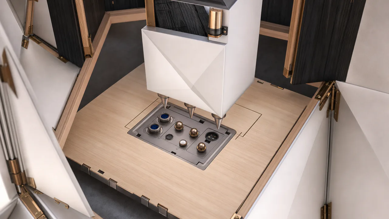 Hinoki floor tile with a recessed port box: datum balls, indigo water couplers, DC connector; a white appliance hovering above on lead-in cones