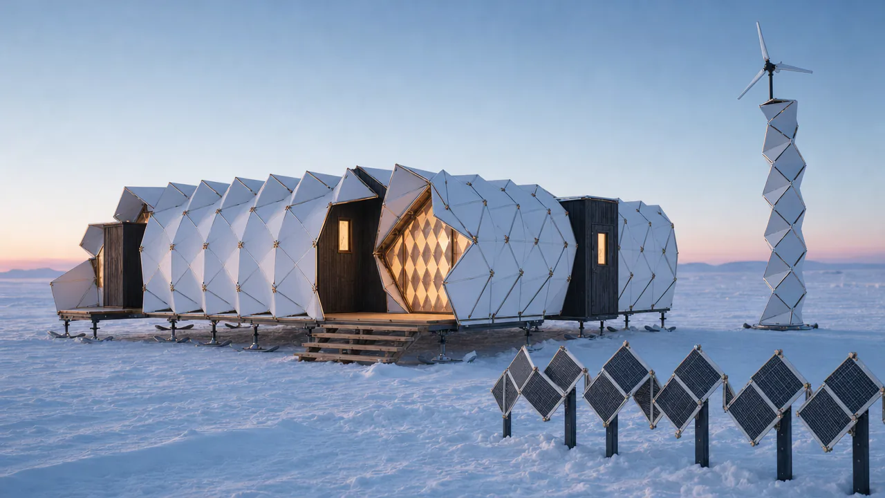 Research station of faceted vaults on skis with a vertical bifacial PV fence at blue hour