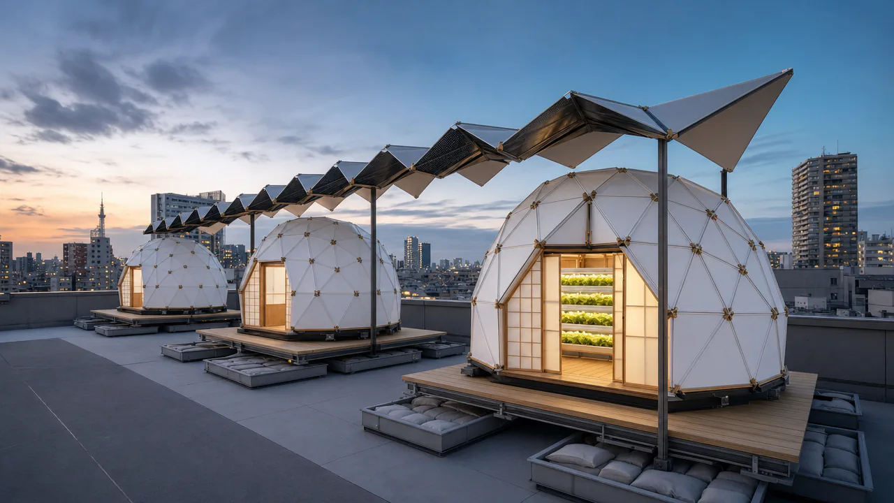 Faceted dome pods and a Miura PV canopy on ballast boxes on a Tokyo rooftop at dusk
