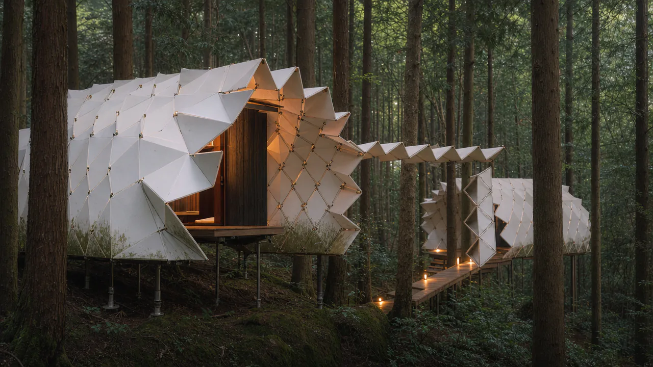 Faceted dome pods on screw-pile legs among tall cedars in morning mist