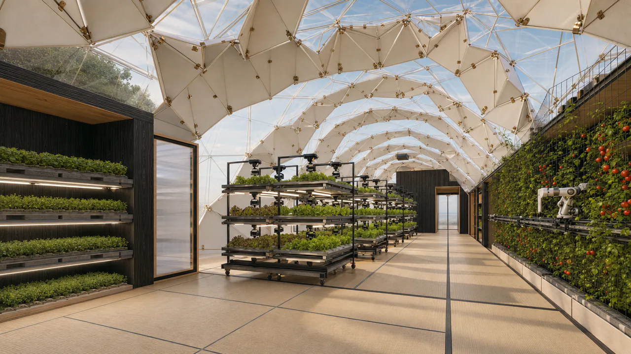 Inside a glazed barrel vault: four-tier lettuce cassettes on a tatami grid, a cherry-tomato fruit wall with a rail-mounted arm