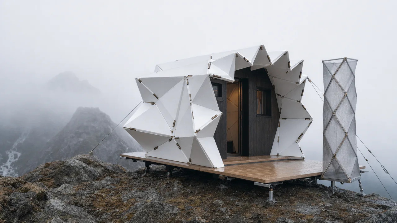 Mountain hut with a folded seasonal roof on a rocky alpine ridge in fog