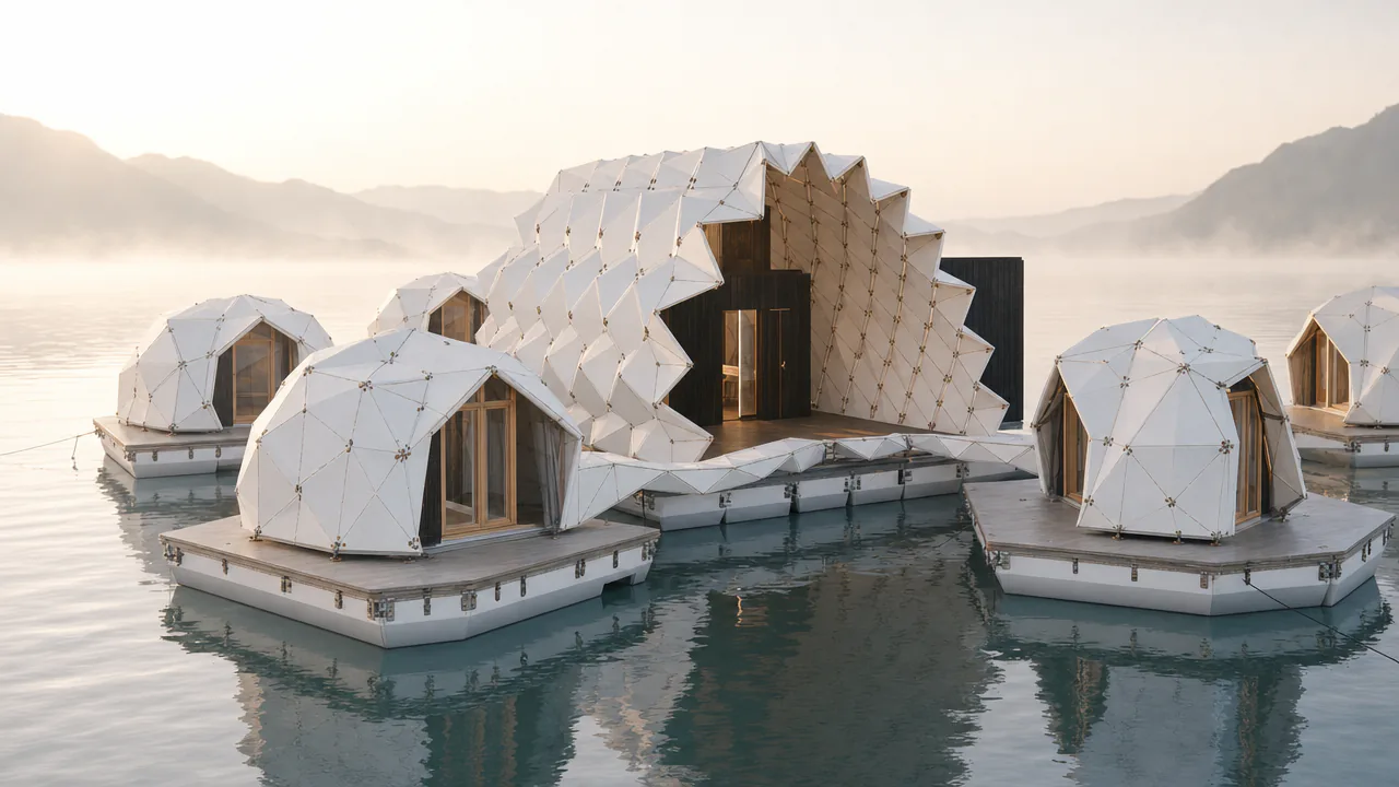 Floating ryokan: a vault lounge and dome pods on pontoon feet on a calm lake at sunrise