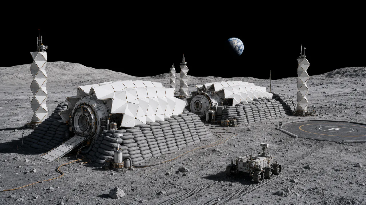 Lunar outpost: a faceted shell carrying regolith bags, Kresling radiator towers, low sun