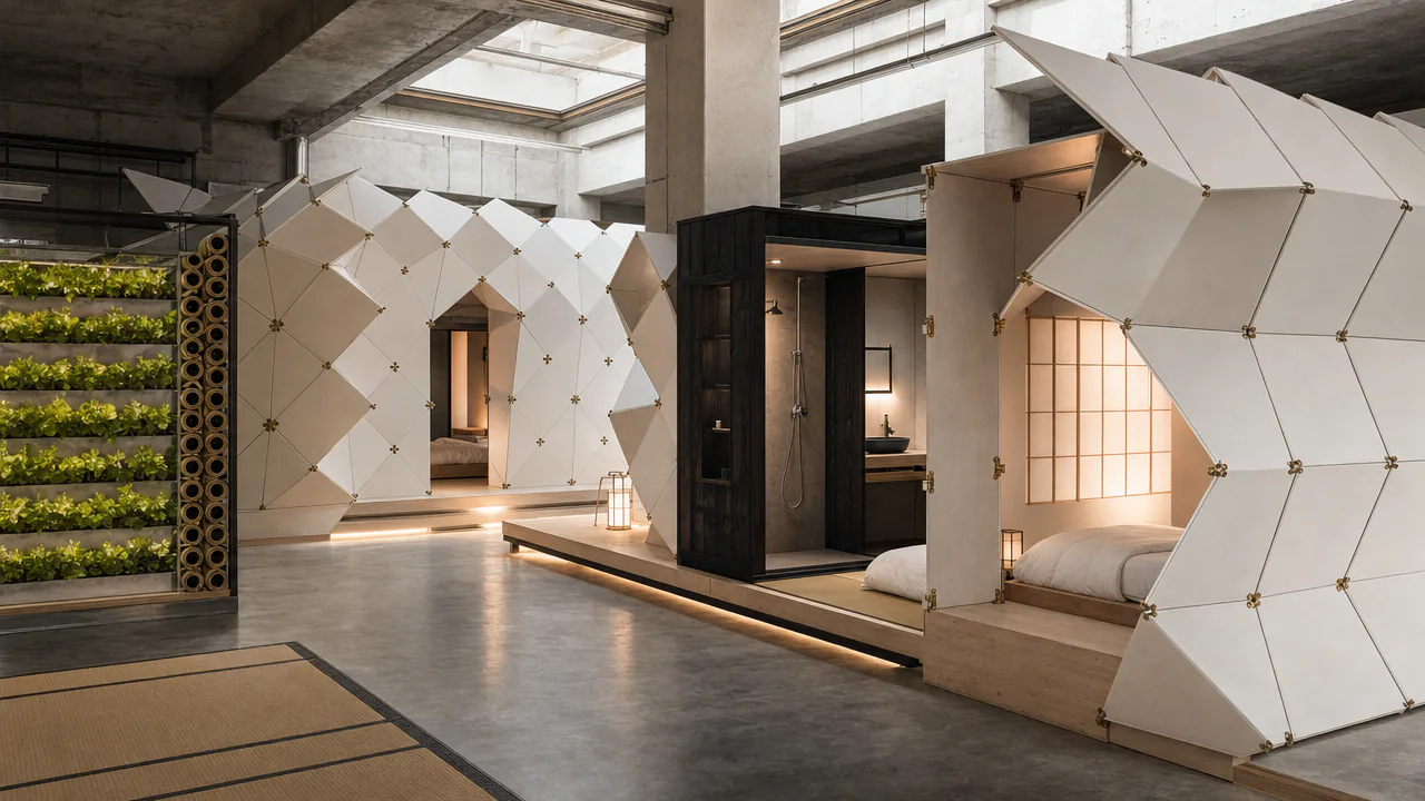Warehouse hotel of shoji rooms with a glowing lettuce wall