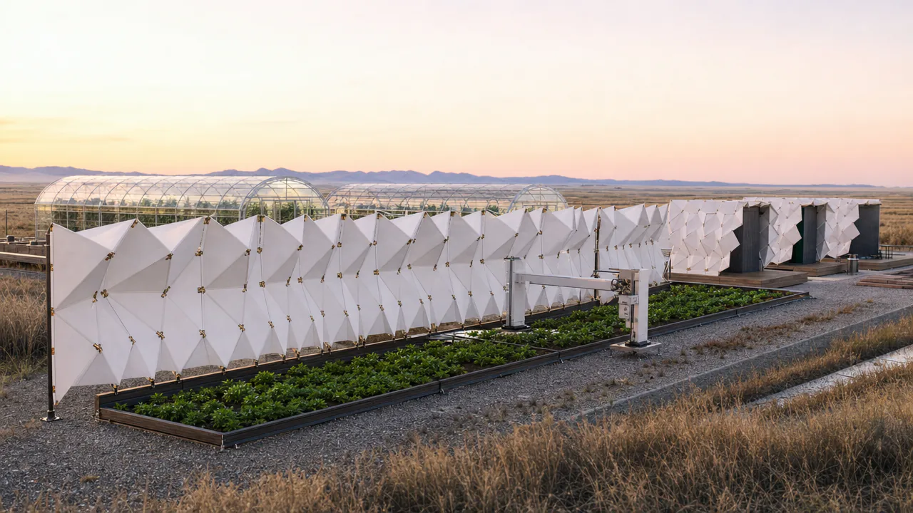 Vertical bifacial PV fences over raised beds with glazed greenhouse vaults on the steppe at evening