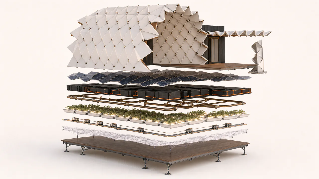 Exploded axonometric render of a folded vault lifted above its floor, revealing PV, battery and water organ, pipe loop, grow trays, ridge robot and data layers