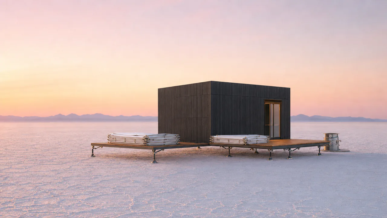 Folded packs on a levelled timber deck on adjustable legs, salt flat at dawn (concept still)